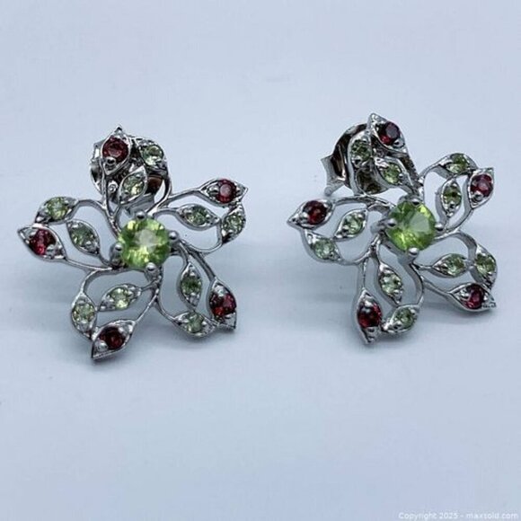 Flower shaped Peridot Rhodolite Garnet Gemstone 925 Silver Earrings - Picture 1 of 6